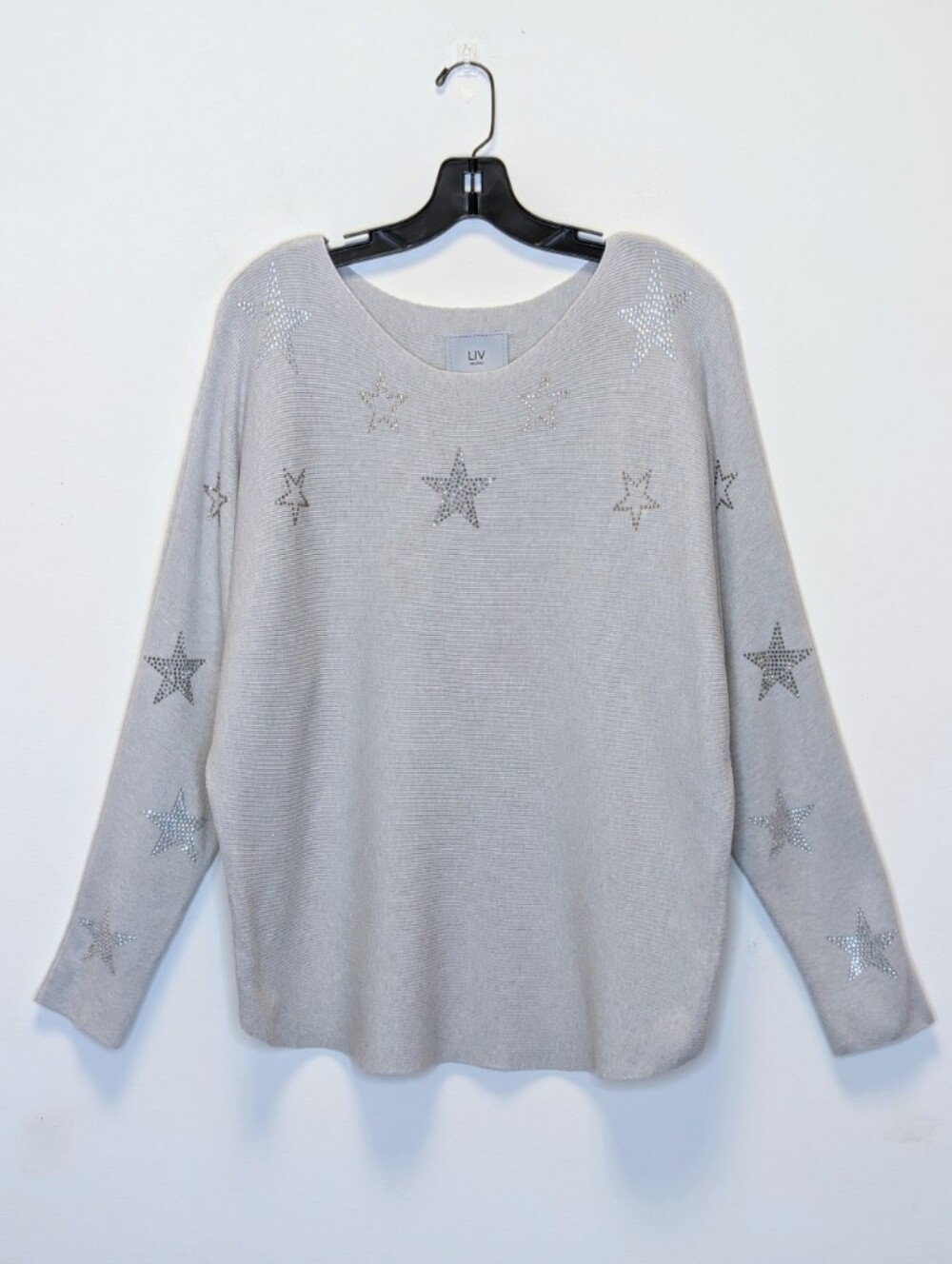 Liv Milano Gray Ribbed Knit Sweater Rhinestone Studded Stars Dolman Sleeve L